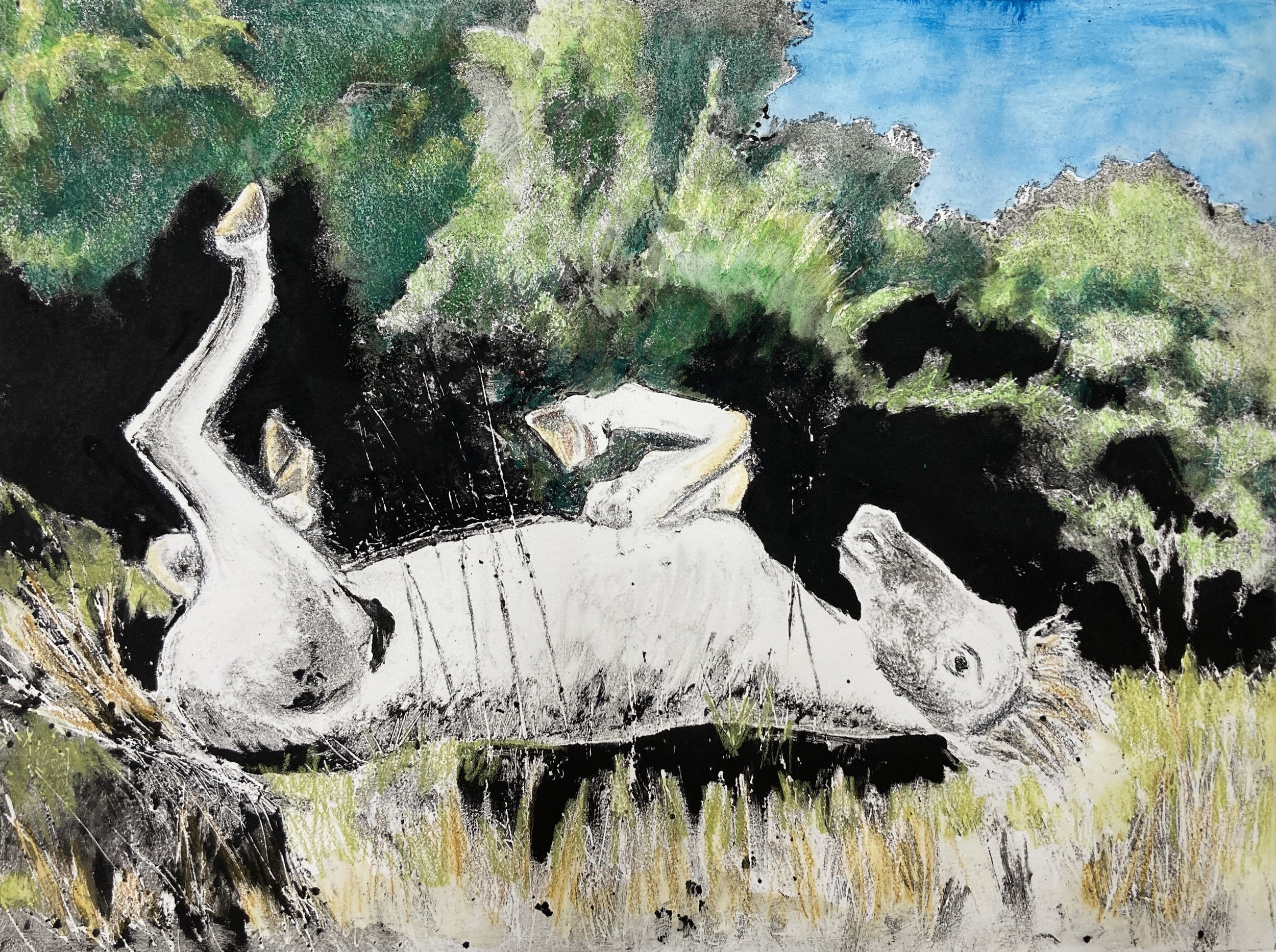 Frolic in Color, Hand Colored Monotype, 13.5"x9.75" (sold)