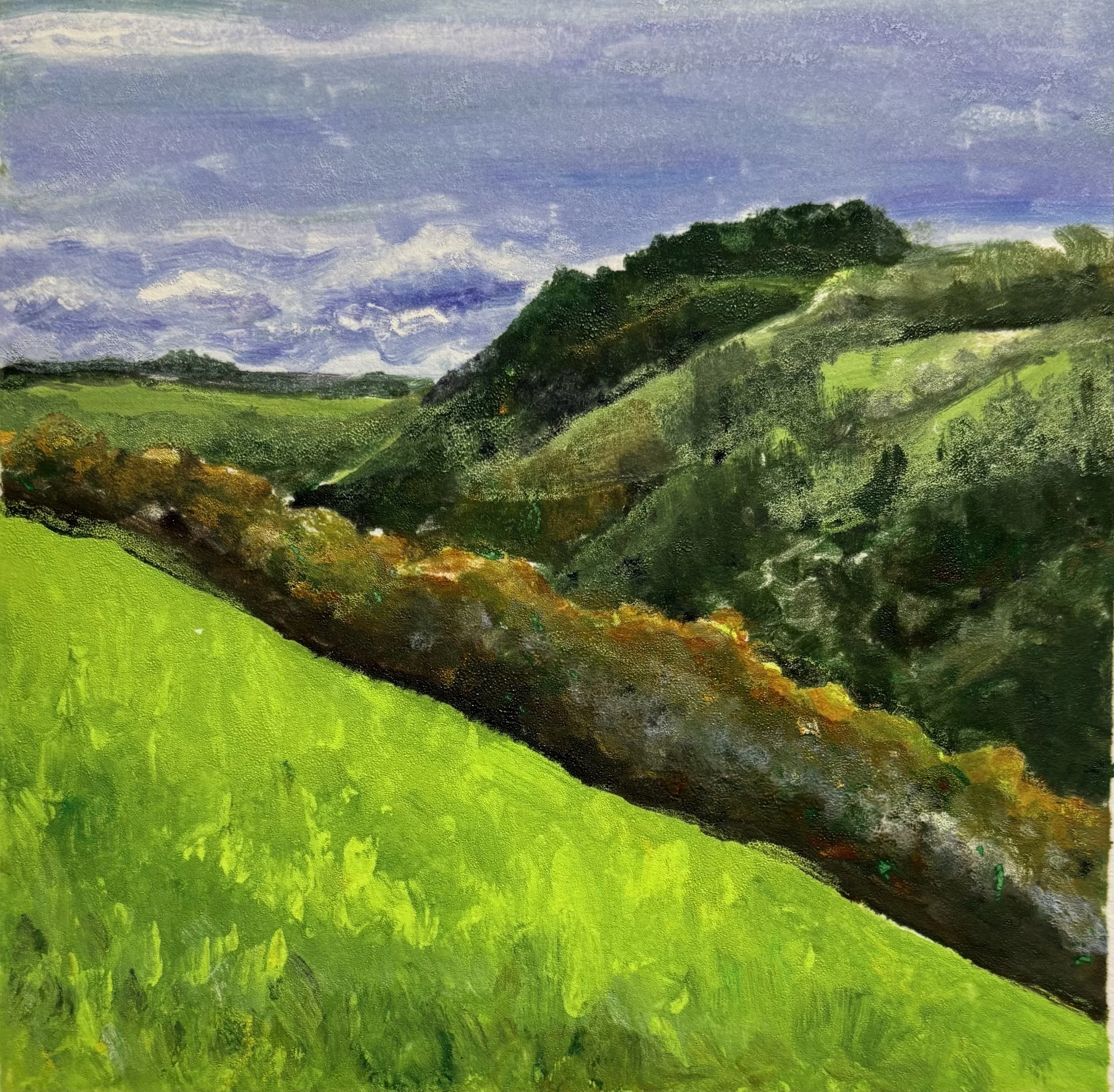 A landscape painting of green rolling hills under a blue cloudy sky.