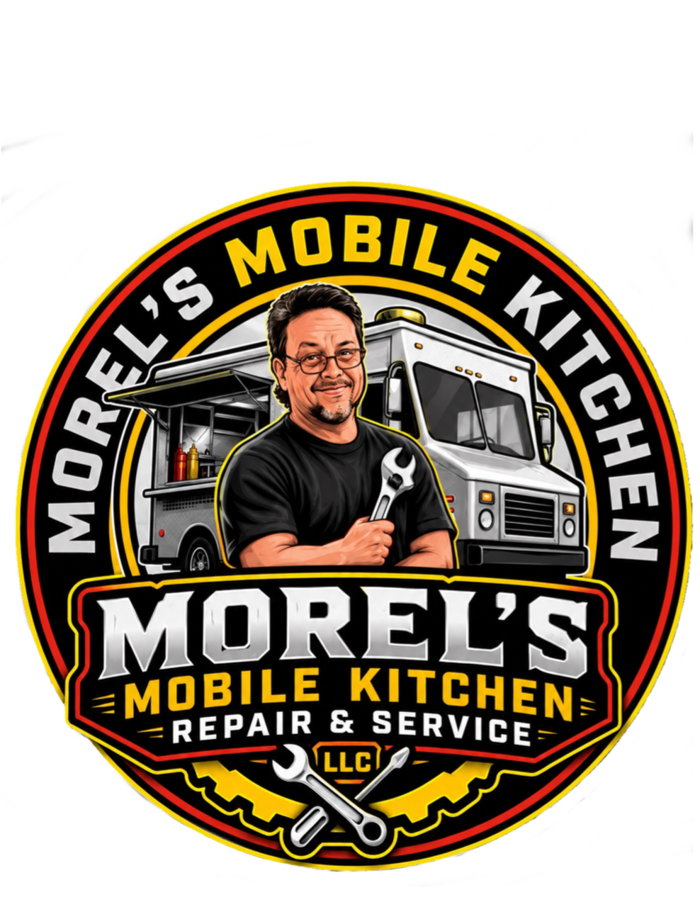 Logo for Morel's Mobile Kitchen featuring a man with glasses holding a wrench, a food truck in the background, and the text 'Morel's Mobile Kitchen Repair & Service' with tools and gear graphics.