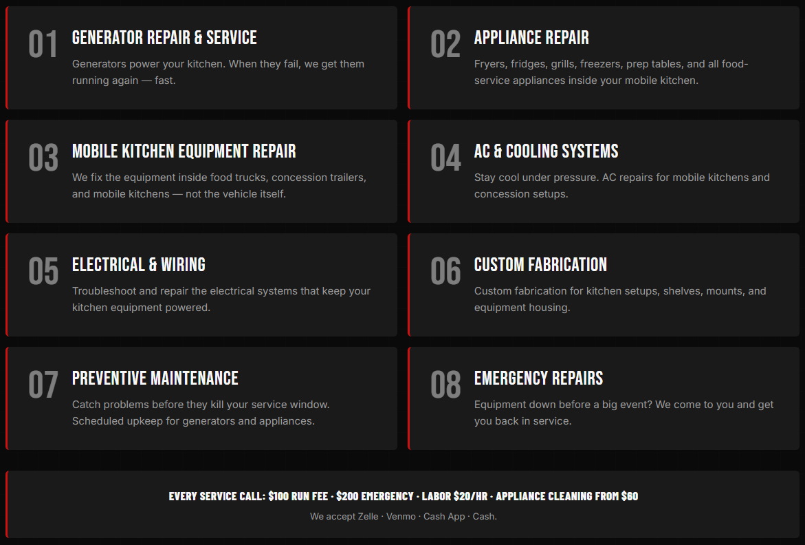 A website list of eight services offered, including generator repair, appliance repair, kitchen equipment repair, AC systems, electrical wiring, custom fabrication, preventive maintenance, and emergency repairs. Each service has a brief description, with a black background and white text, separated into two columns.