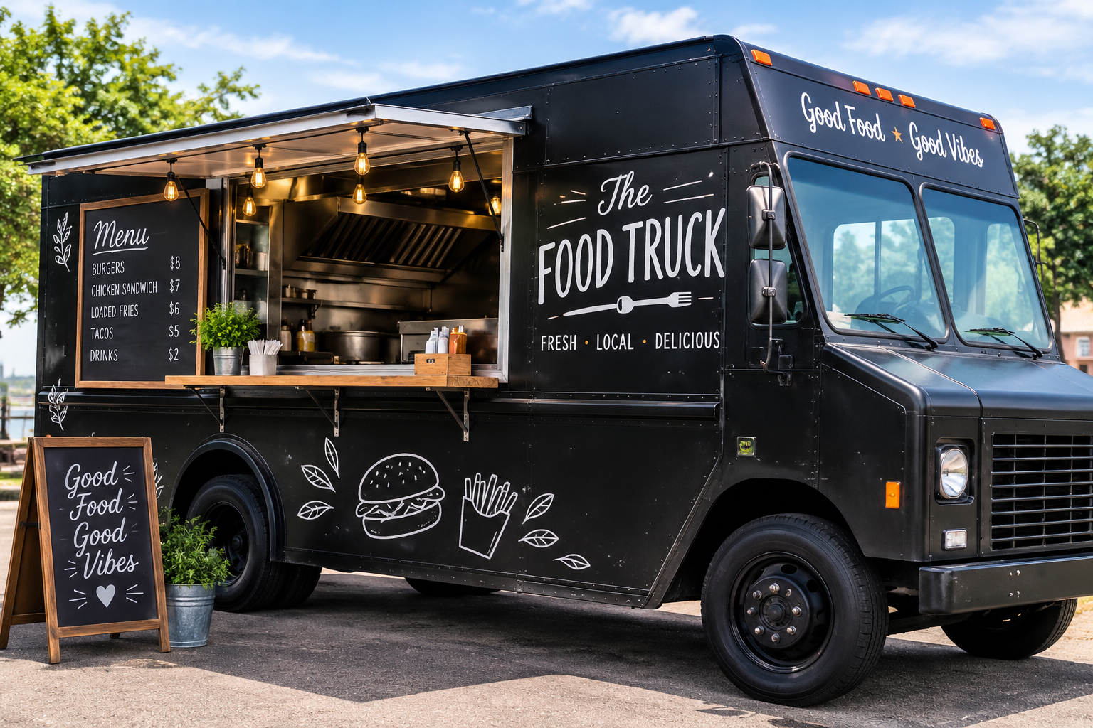 Black food truck with a menu board listing burgers, chicken sandwich, loaded fries, tacos, and drinks, parked outdoors with trees in the background and a chalkboard sign in front that says 'Good Food Good Vibes.'