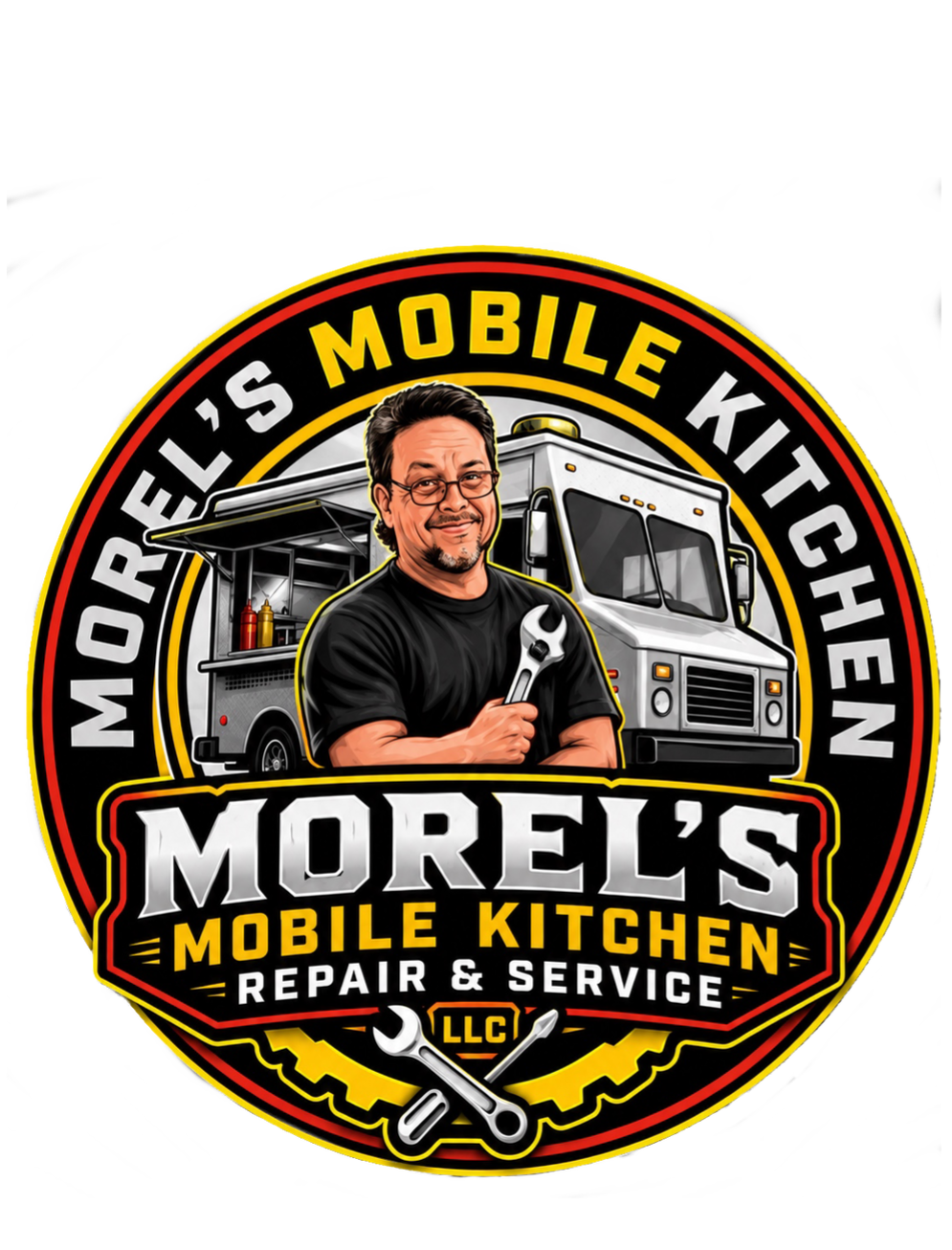 Logo for Morel's Mobile Kitchen featuring a person holding a wrench, a food truck, and tools, with the text 'Morel's Mobile Kitchen Repair & Service'.