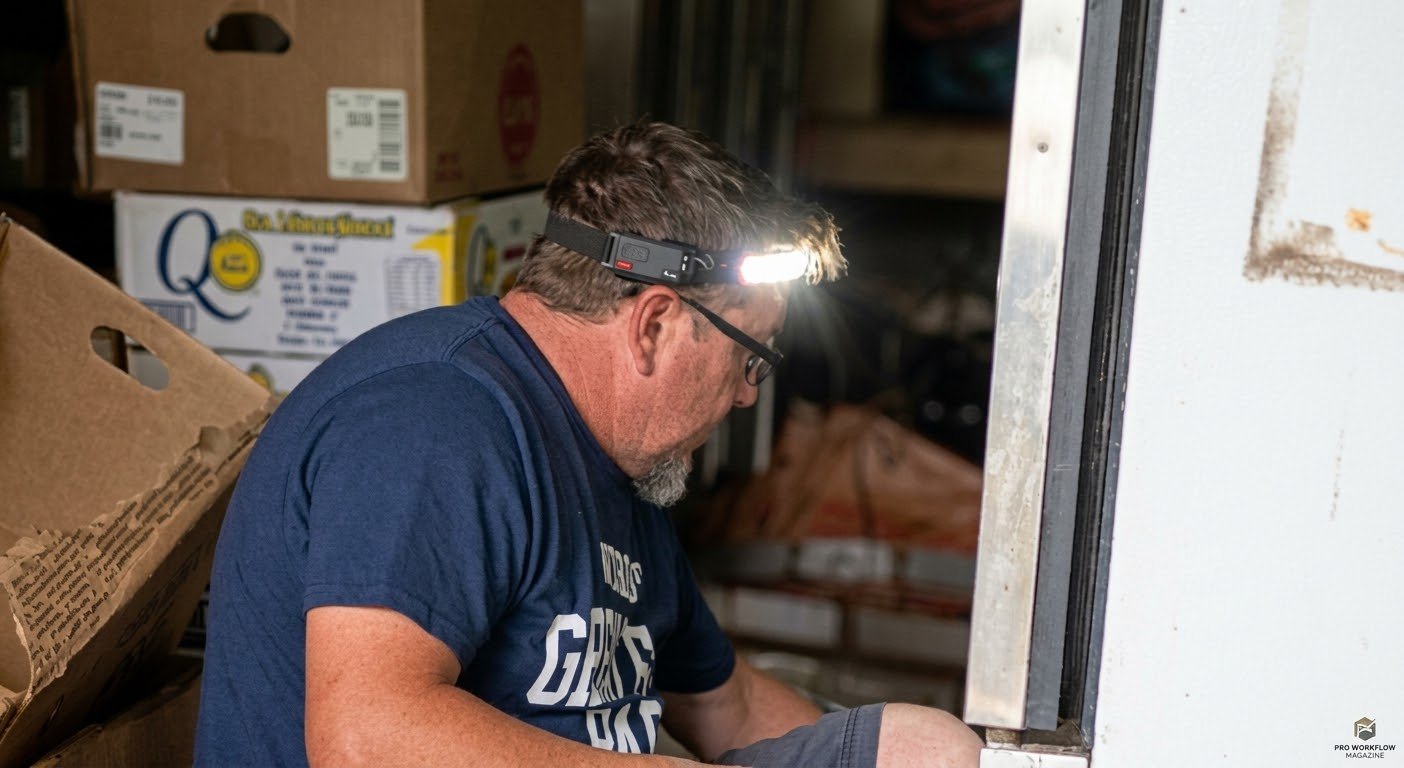 A man with a headlamp looks down while working inside a storage unit with cardboard boxes.