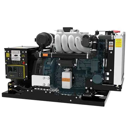 Industrial generator with black frame, white exhaust pipes, control panel, and various mechanical components.