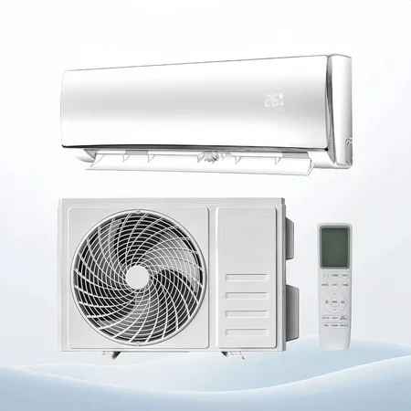 Split air conditioning system with indoor unit, outdoor compressor, and remote control.