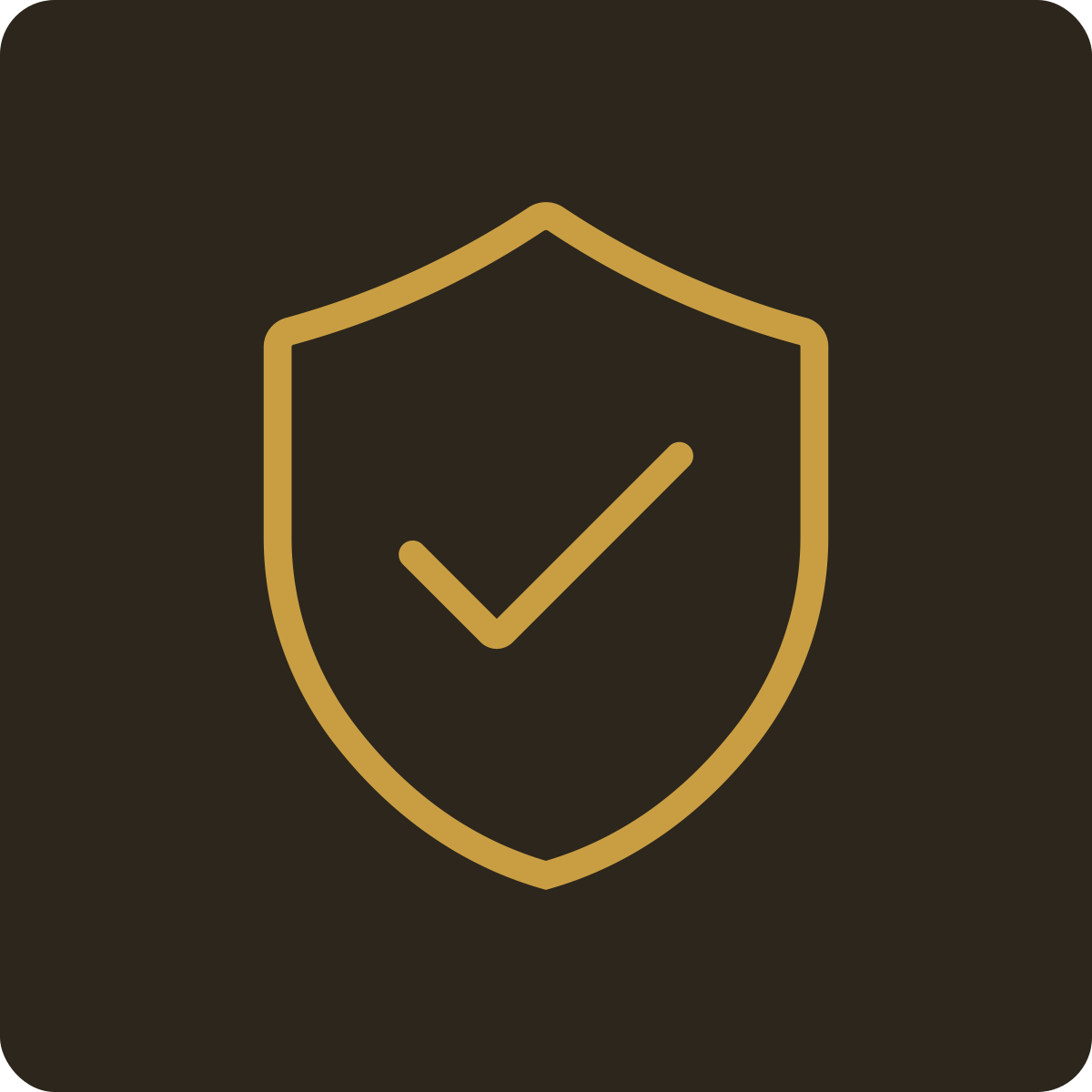 Black background with a gold shield outline and a gold check mark inside the shield.