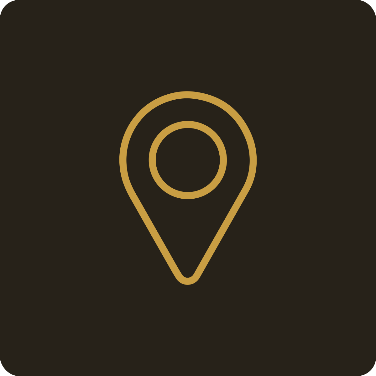 A gold location pin icon on a black background.