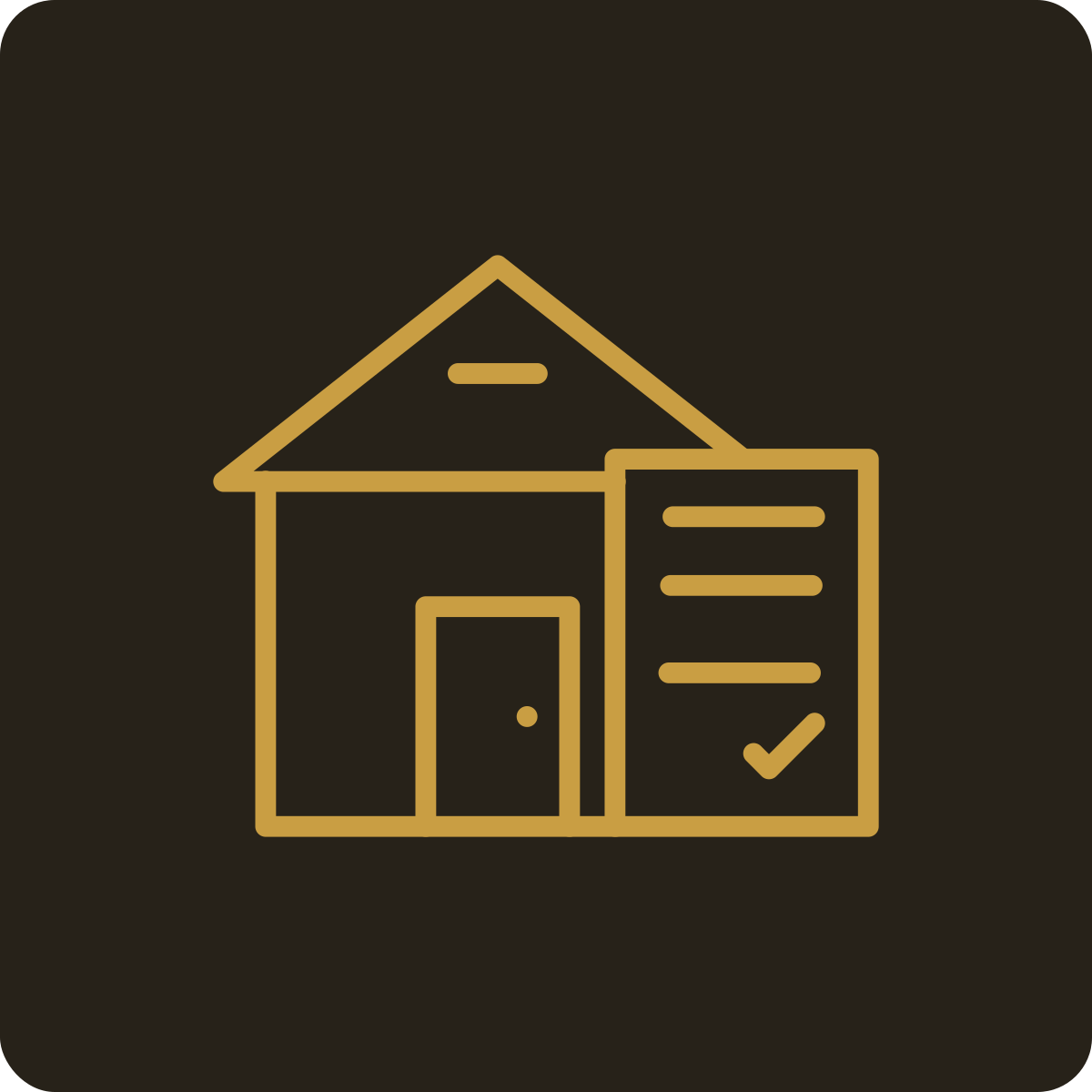 Icon of a house with a checklist on the right side.