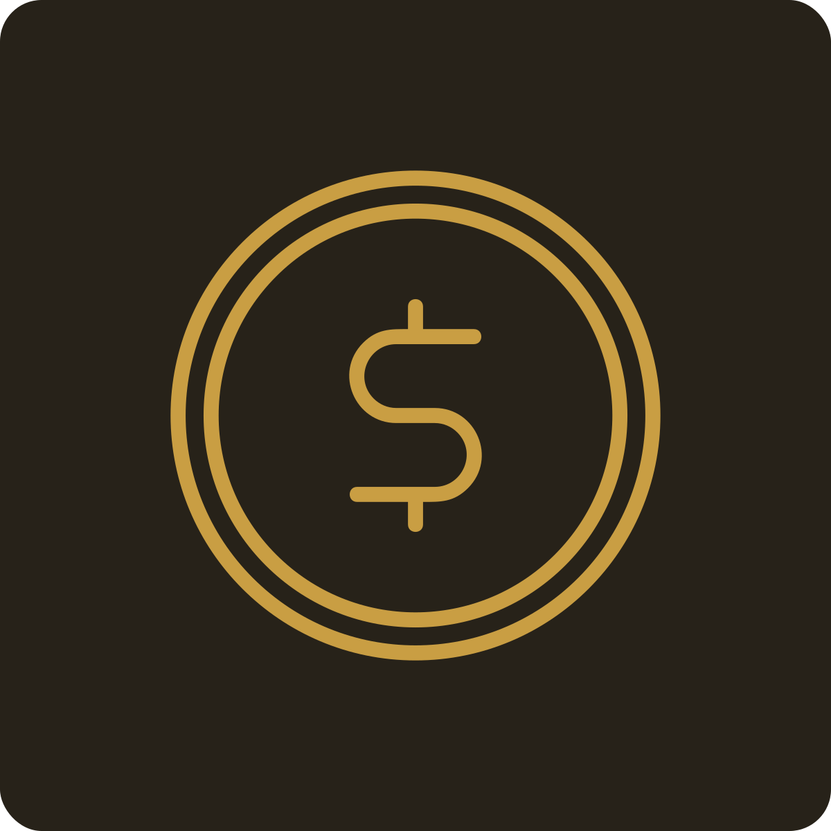 Gold dollar sign inside two concentric circles on a black background.