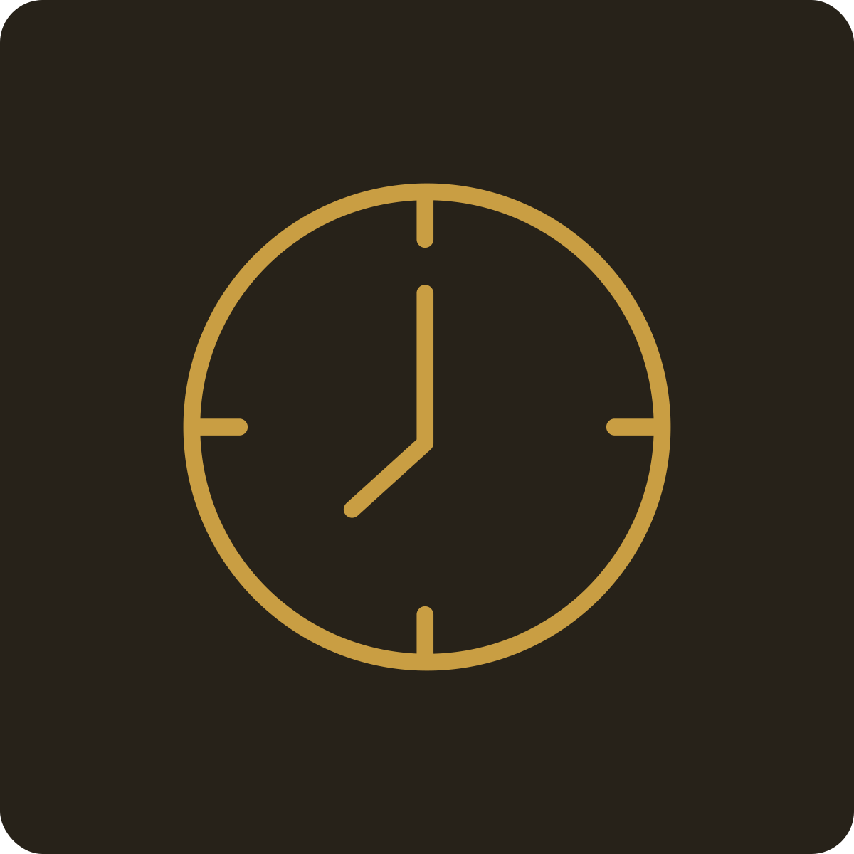 A round clock with a black background and gold outline showing the time as 6:00.