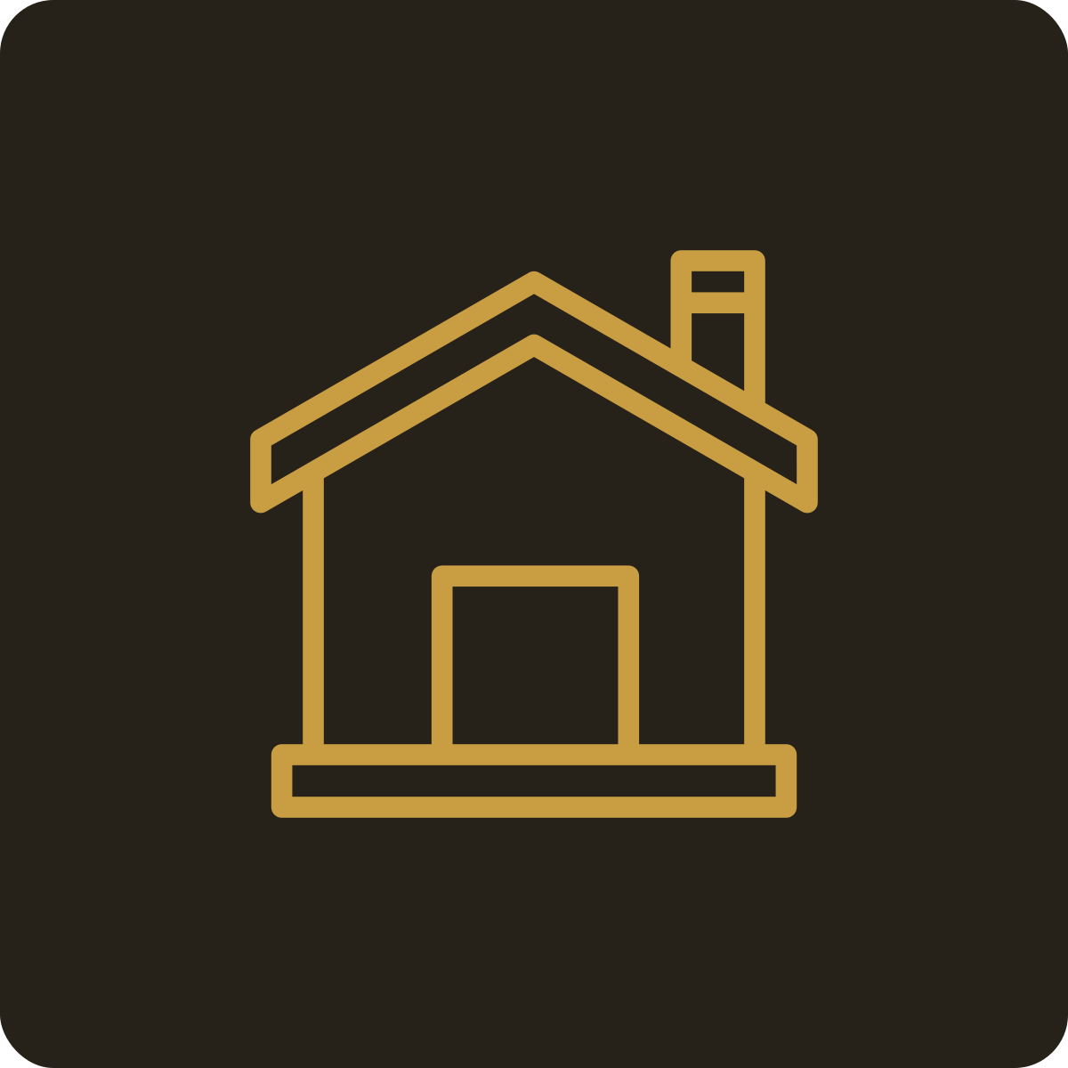 Gold outline of a house with a chimney on a dark background.