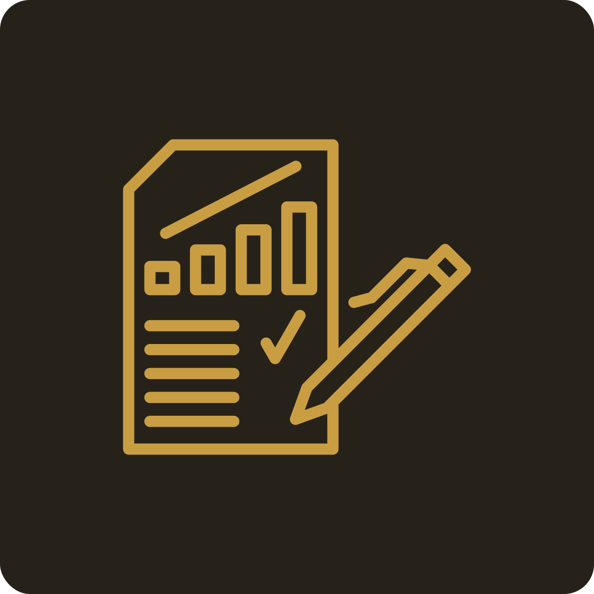 Icon of a report with charts, a check mark, and a pen, all in gold on a black background.