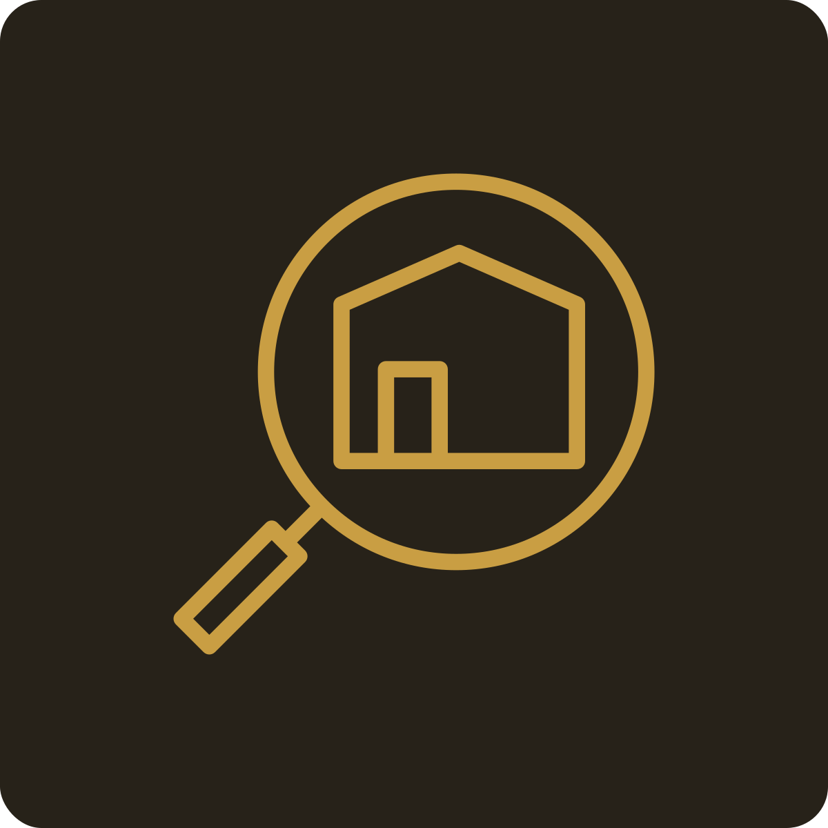 Icon of a house under a magnifying glass with a black background and gold outline.