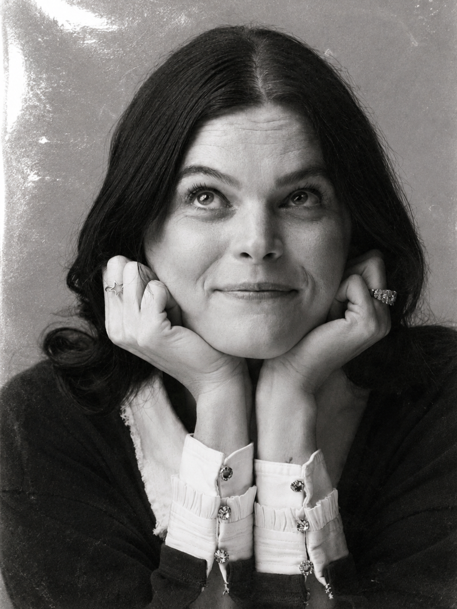 Black and white portrait of a woman with dark hair, resting her chin on her hands, looking slightly upward with a gentle smile, wearing a dark sweater and a white blouse with ruffled cuffs.