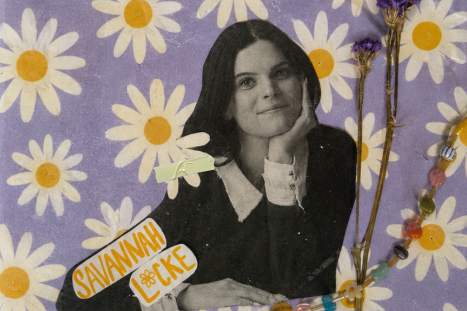 A black and white cutout of a woman's portrait against a purple background with white daisies. The woman has shoulder-length dark hair and is resting her chin on her hand, smiling slightly. There are some purple flowers and colorful beads arranged around the cutout, with a sticker that reads 'Savannah Cookie'.
