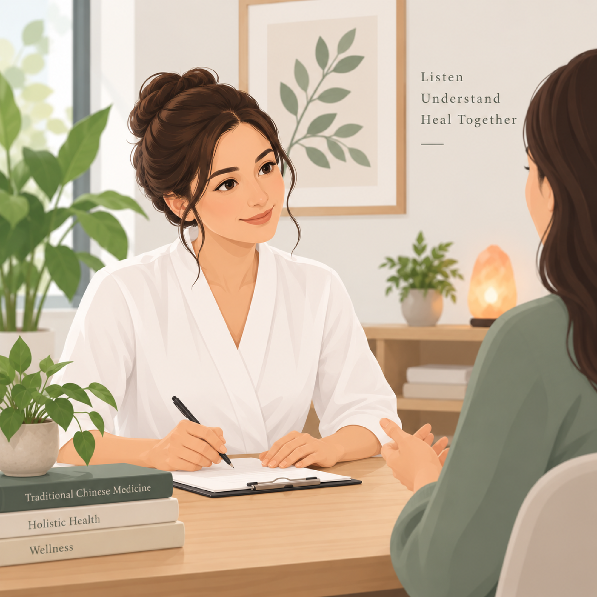 Acupuncturist reviewing a patient's health history during a Chinese medicine consultation