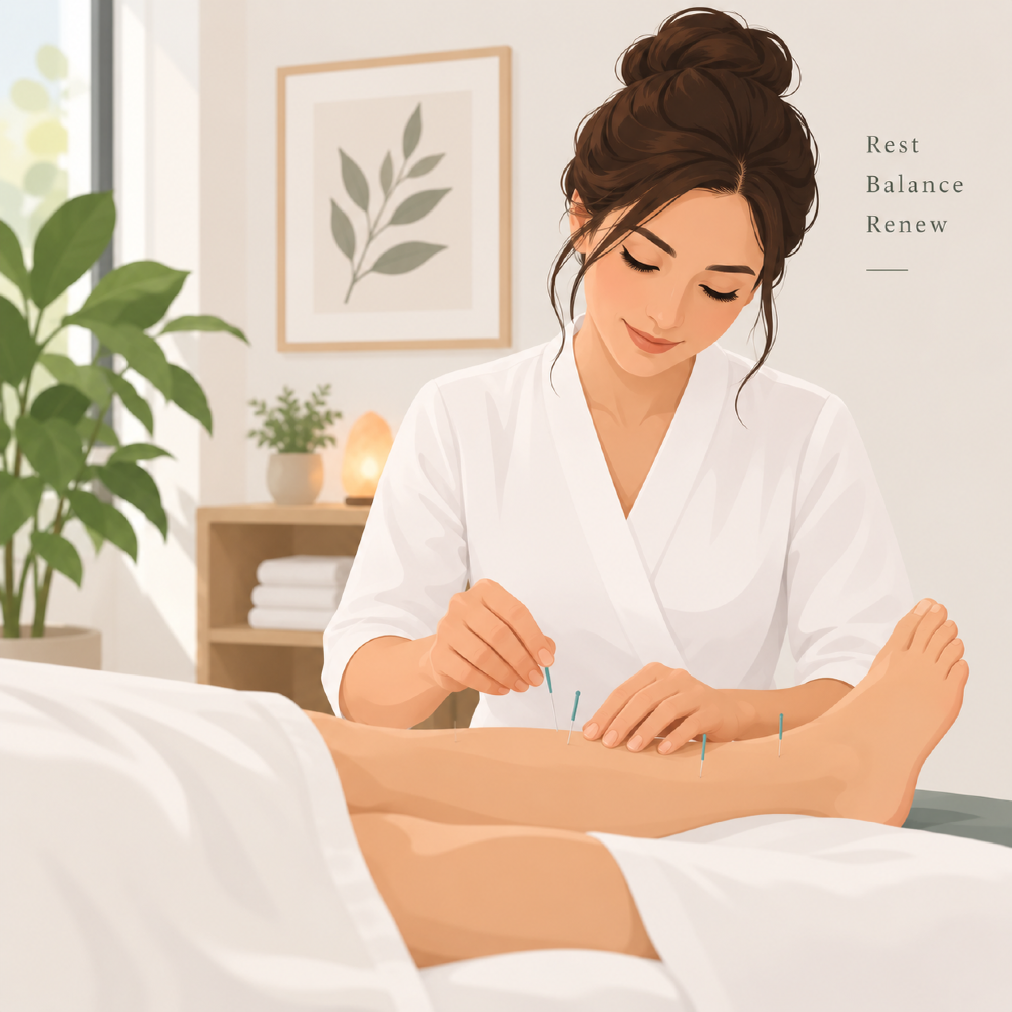 Acupuncturist placing needles during a treatment session