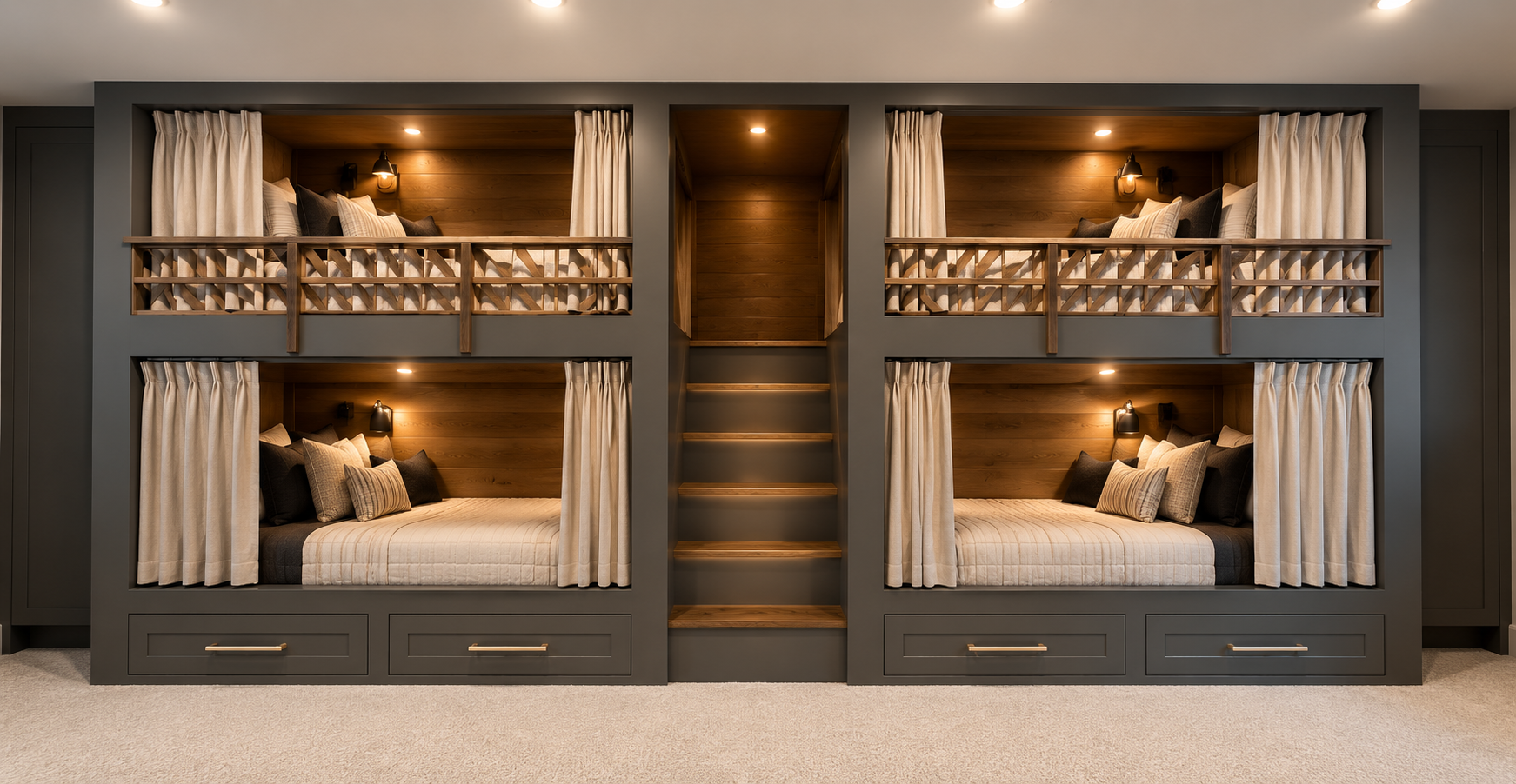 A two-level bunk bed with four beds in a modern, rustic style. The lower beds have beige curtains and are illuminated by wall-mounted lamps, with gray and striped pillows. The upper beds feature wooden railings and bedside lighting, separated by a ce
