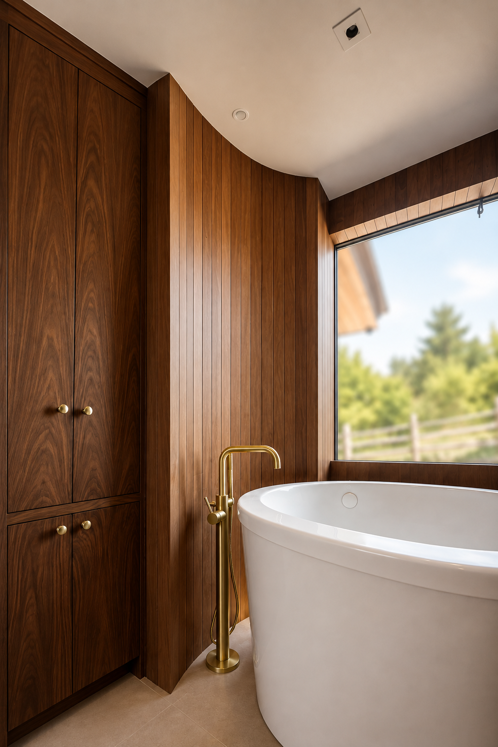 A modern bathroom with wooden paneling on the walls, a large free-standing bathtub, a brass floor-mounted faucet, and a large window with a scenic outdoor view.