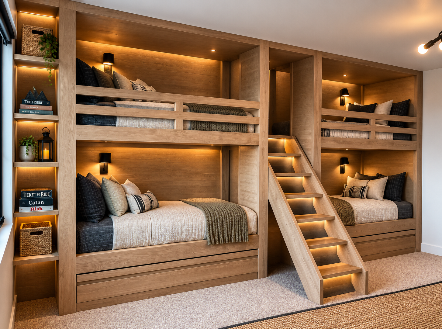 Wooden bunk beds with stairs and lighting, each with bedding and pillows, in a cozy room.