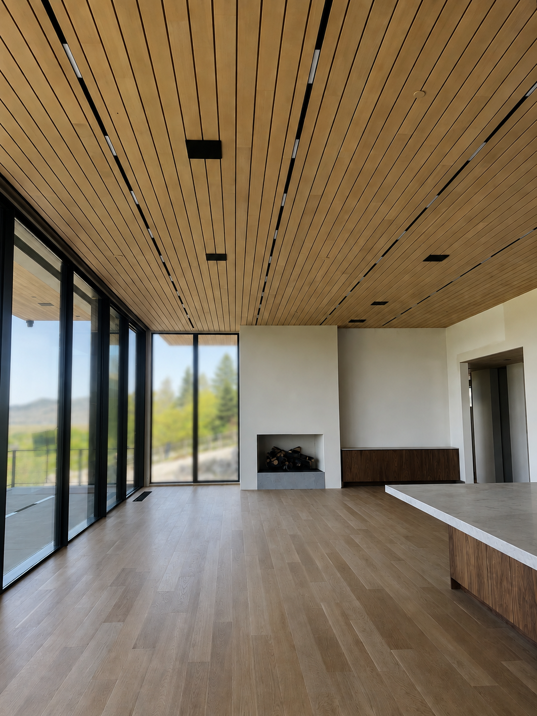 Modern living room with wooden ceiling, light hardwood floors, large glass windows, fireplace, and minimal decor.