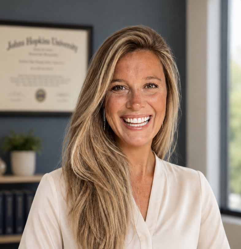 Portrait of a smiling woman with long blonde hair, indoors with a diploma on the wall and a window in the background.