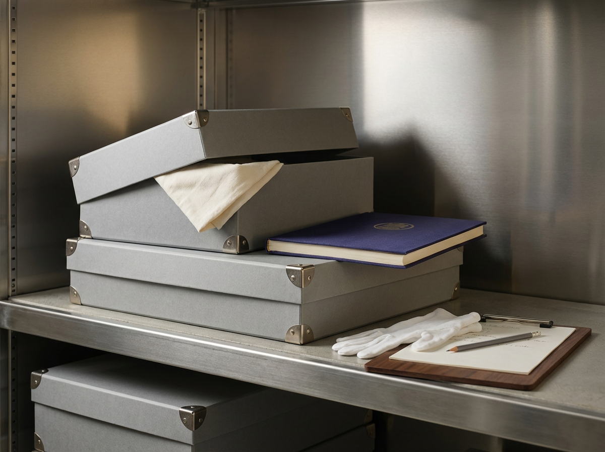 Storage shelf with closed gray boxes, a blue book, white gloves, and a pencil on a notepad or clipboard.