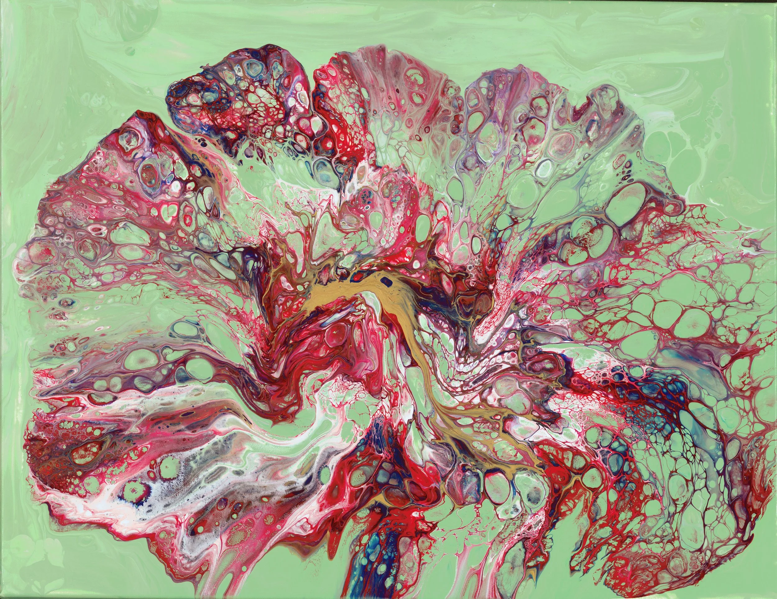 An abstract painting with vibrant swirls of red, pink, purple, blue, and white on a light green background.