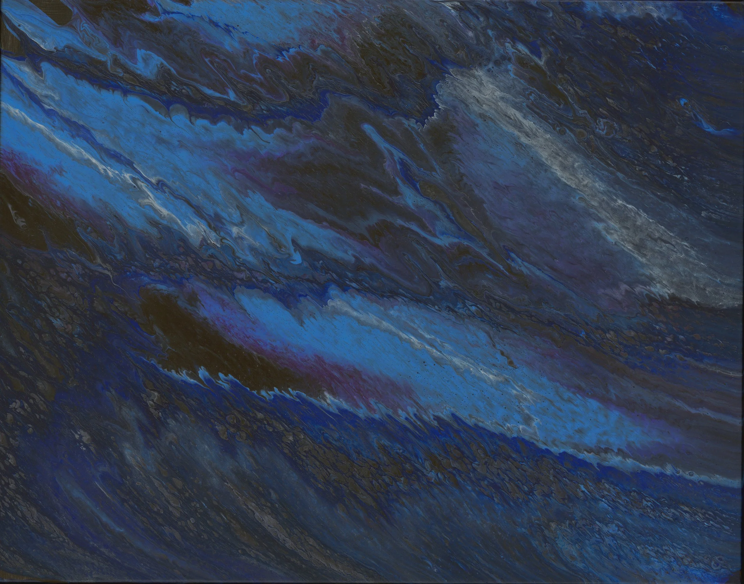 Abstract painting with dark blue, purple, black, and gray swirling patterns.
