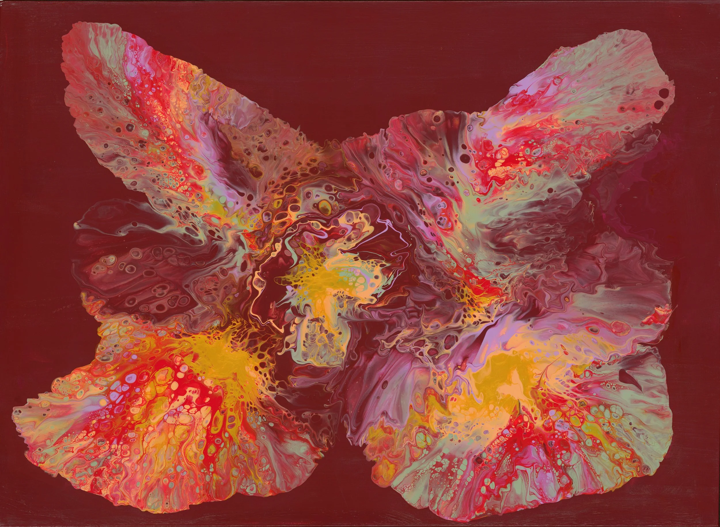 Abstract painting with vibrant pink, red, yellow, and purple colors on a dark maroon background, resembling butterfly wings.