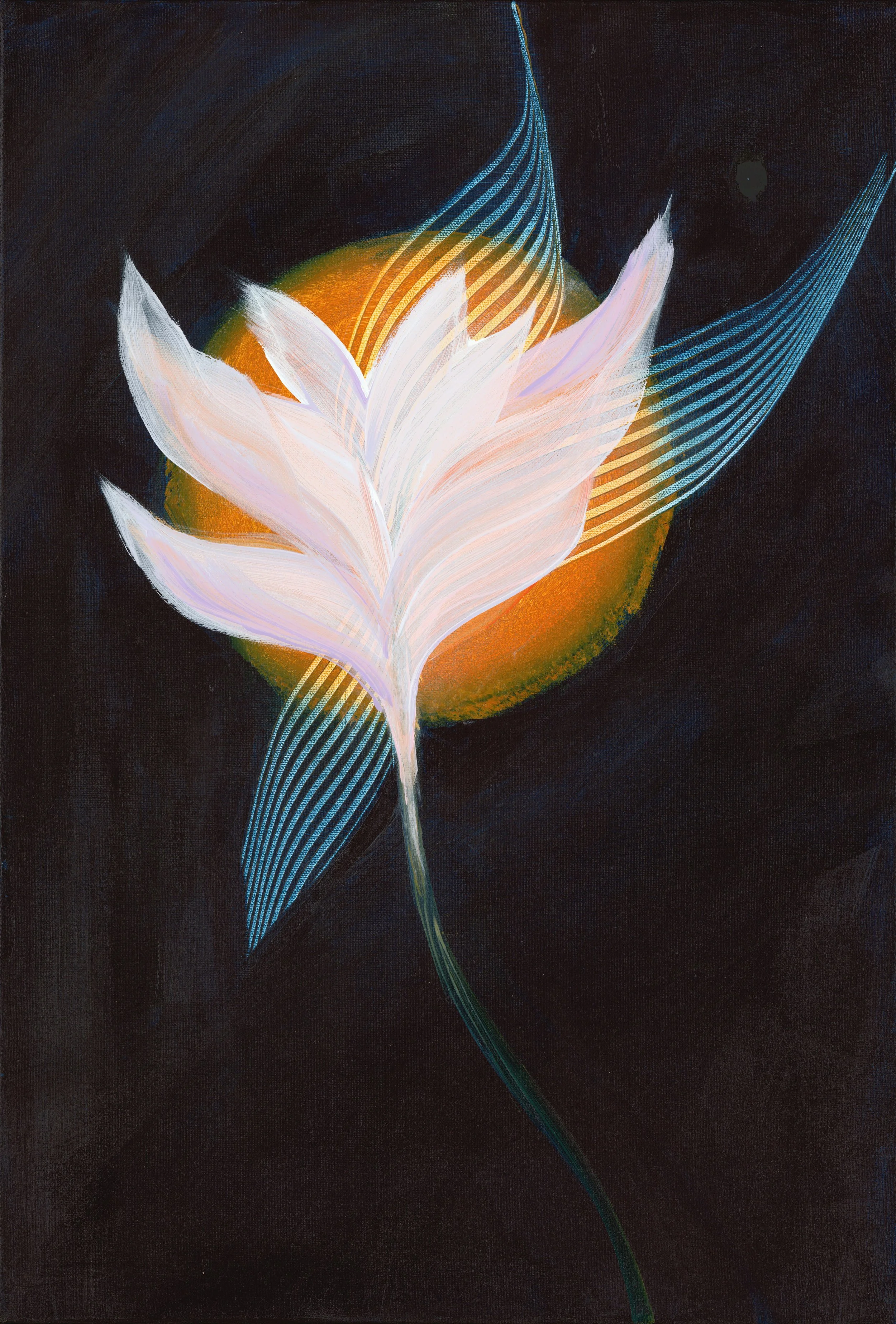 An abstract painting of a white flower with pink accents, featuring curved lines and elongated leaves, set against a dark background with a circular orange and yellow glow behind the flower.