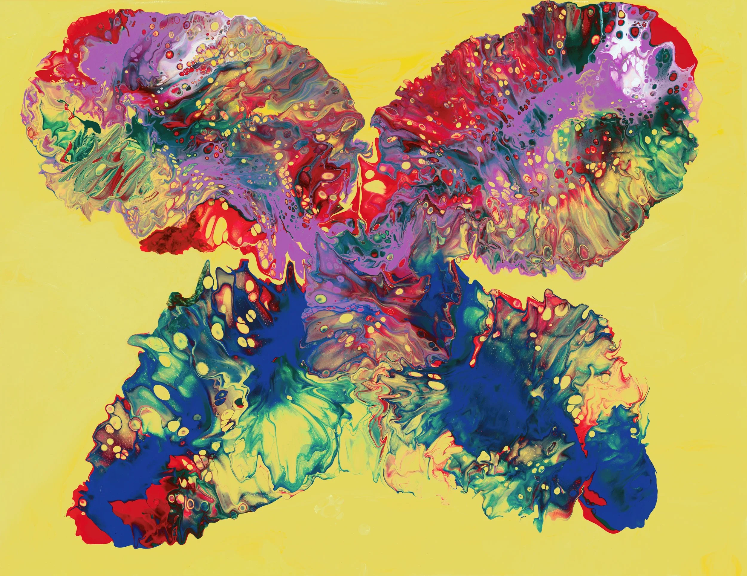 Abstract colorful ink swirls forming the shape of a dog's head against a yellow background.