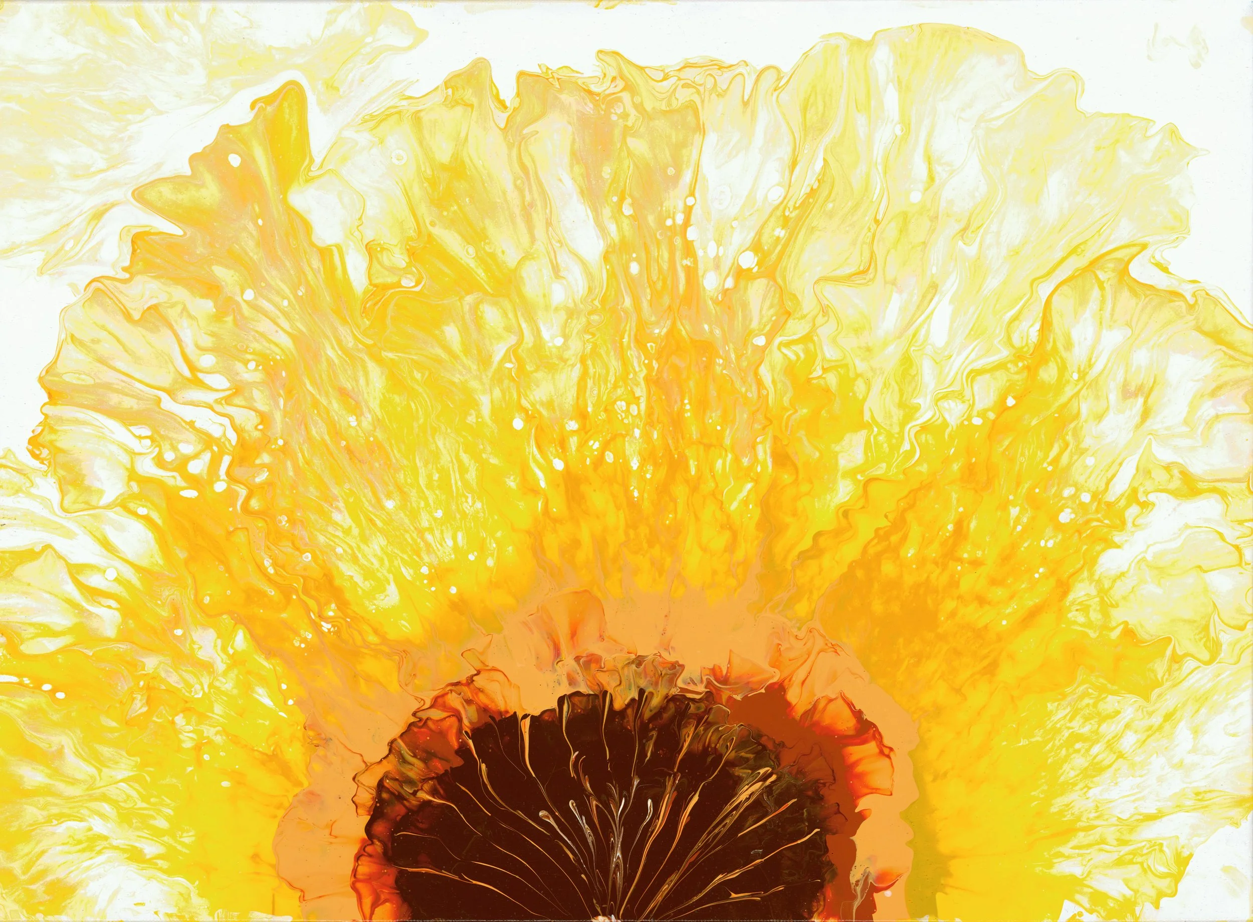 An abstract painting with bright yellow, orange, and black colors flowing and blending together.