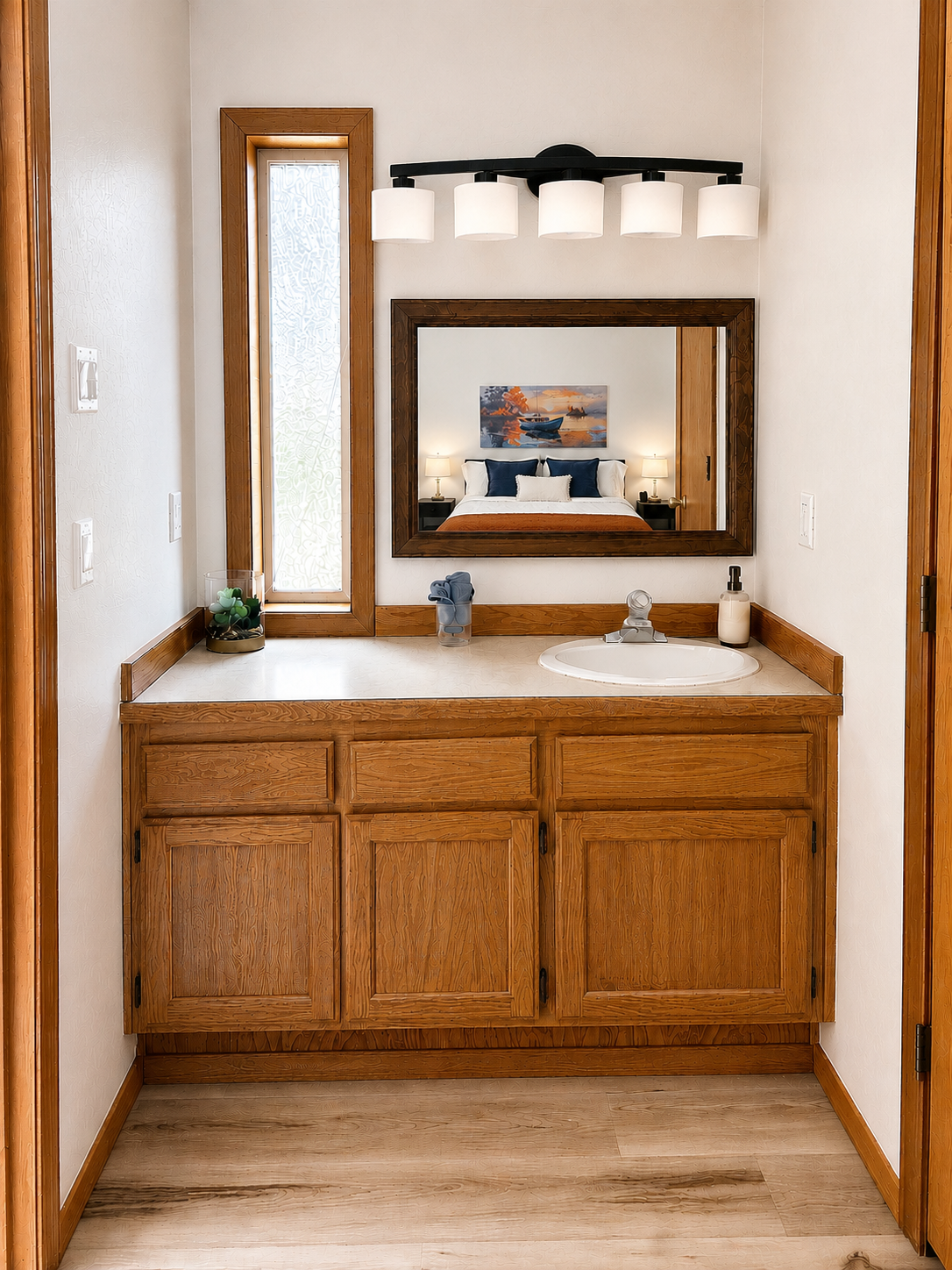 Rustic wood bathroom vanity with white countertop, oval sink, framed mirror, five-light fixture, and narrow frosted window