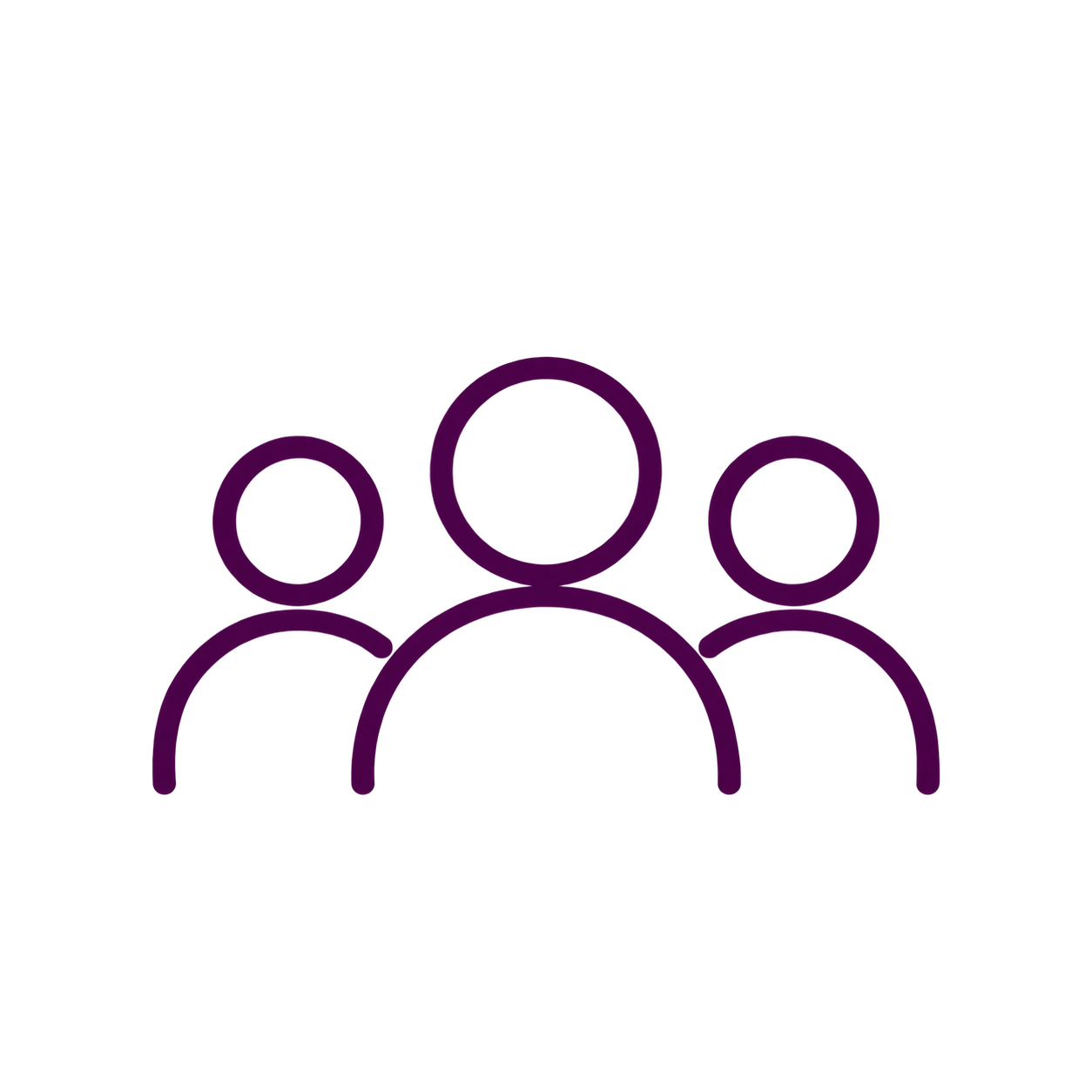 Purple icon of three people grouped together on a black background
