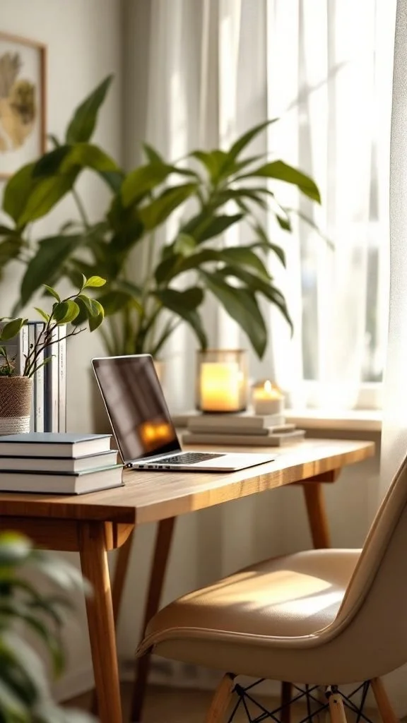 Sunlit home office with an open laptop, stacked books, potted plants, candles, and a beige chair by a bright window