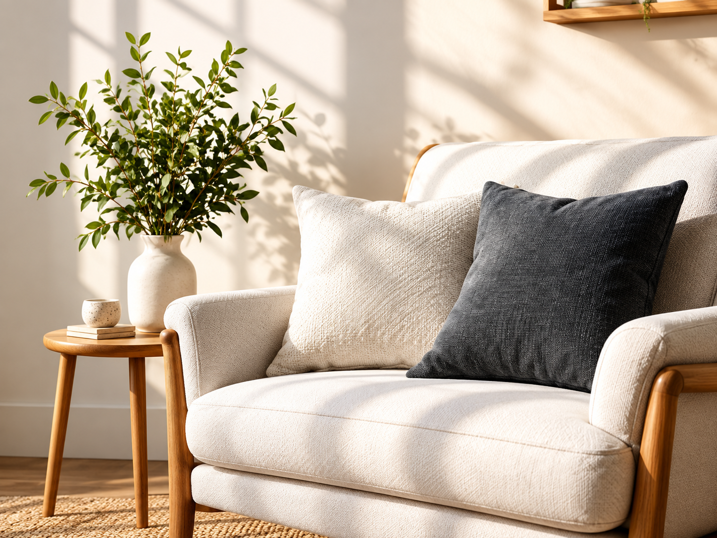 Sunlit cozy living room with a cream armchair, black and beige pillows, side table, books, and leafy plant