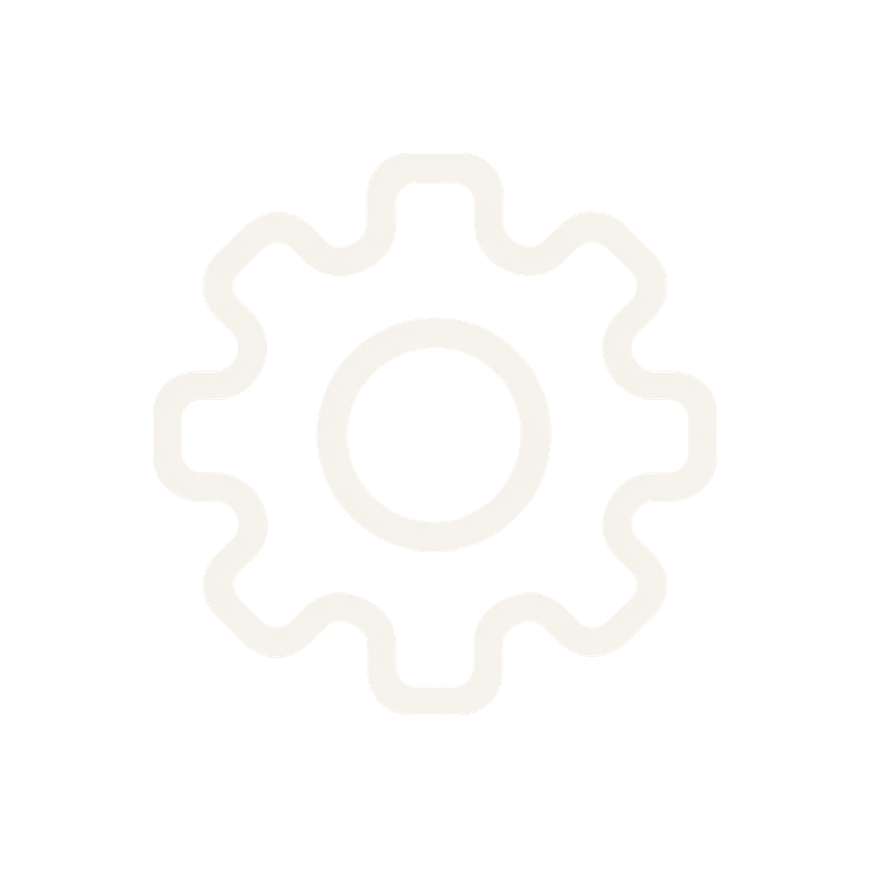 White gear icon with a circular center on a black background