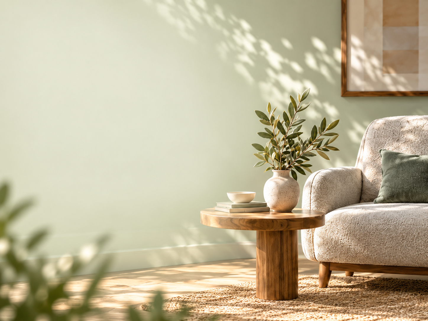 Sunlit cozy living room with a boucle armchair, round wooden side table, potted olive branch, books, and bowl.