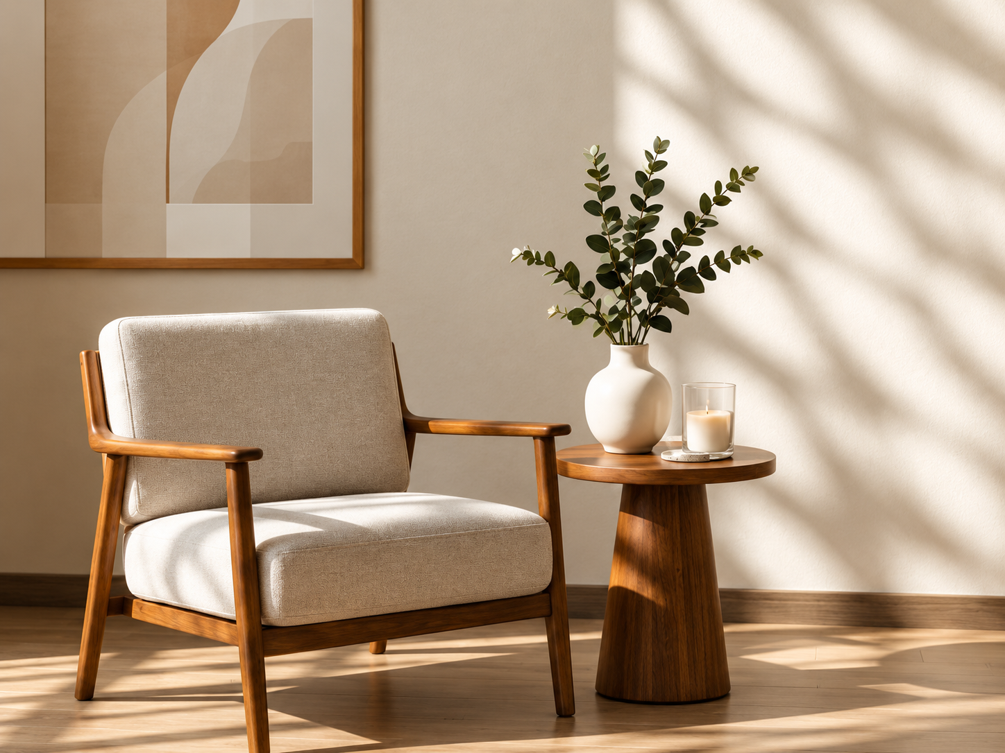 Midcentury modern armchair beside a wooden side table with a white vase, leafy branches, and candle in a sunlit room