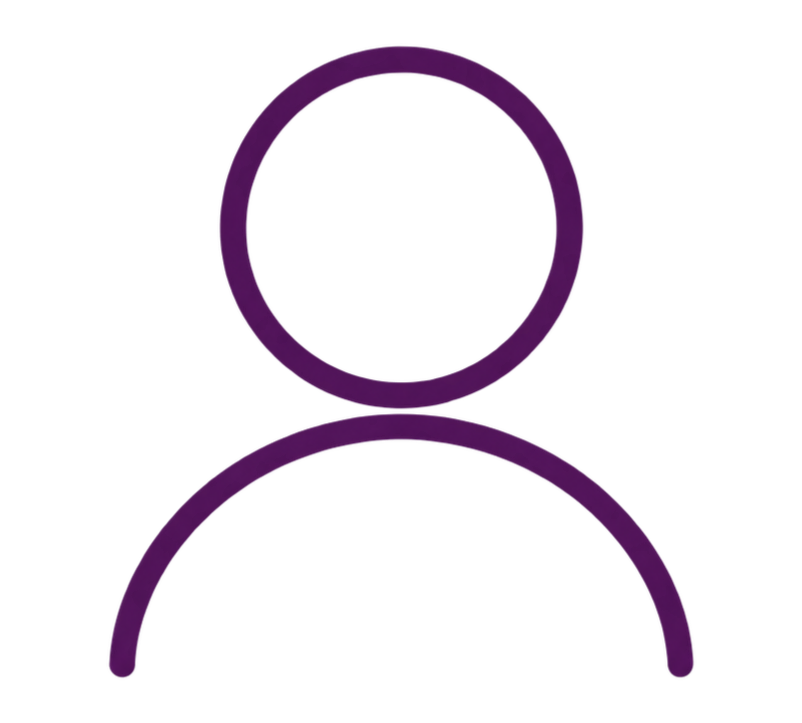 Purple outline icon of a person’s head and shoulders