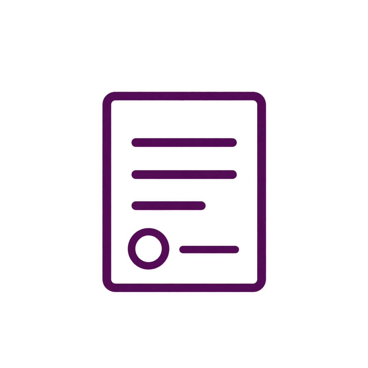 Purple outline icon of a document with text lines, a magnifying glass, and a signature line