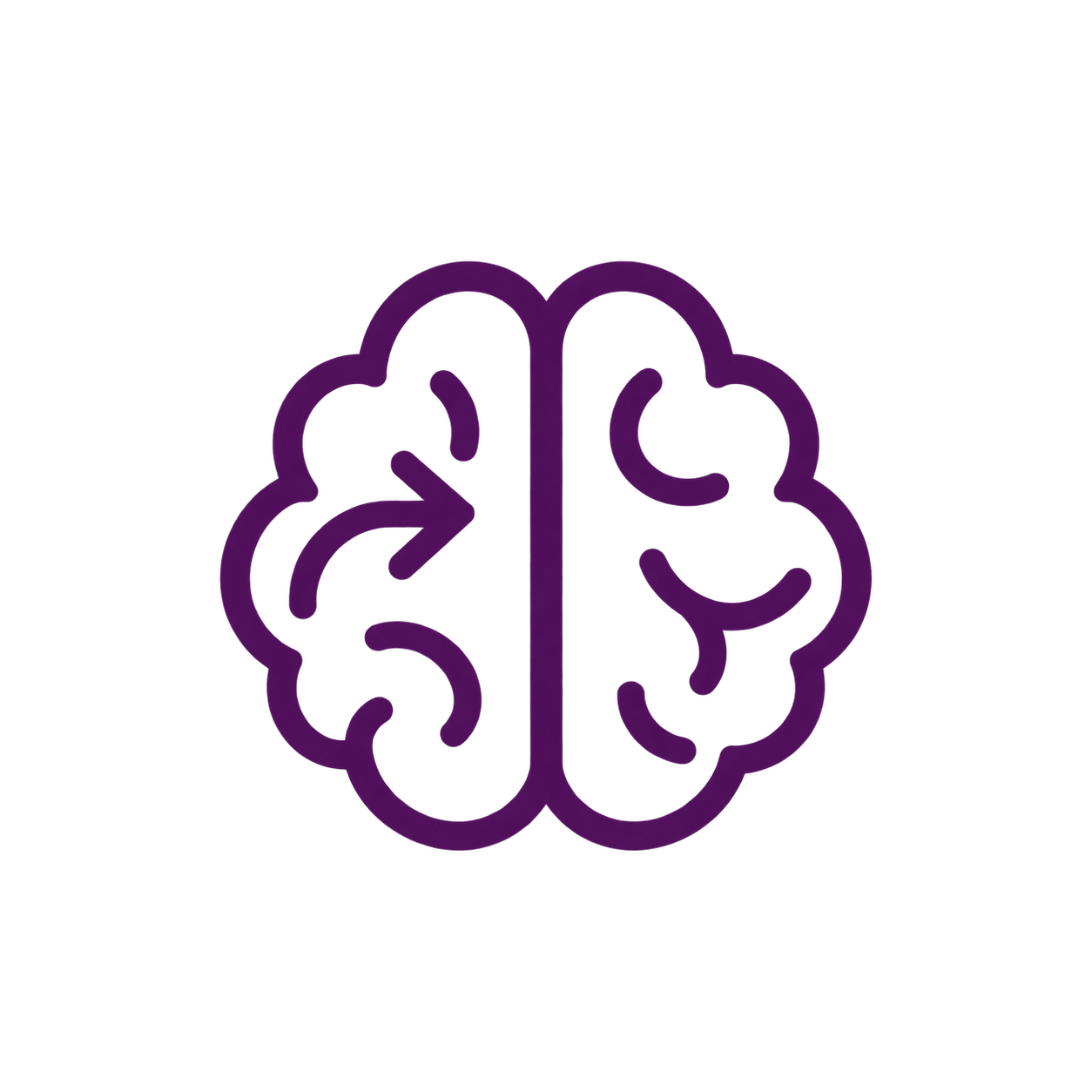 Purple outline icon of a human brain with an arrow pointing right through the left hemisphere on a black background