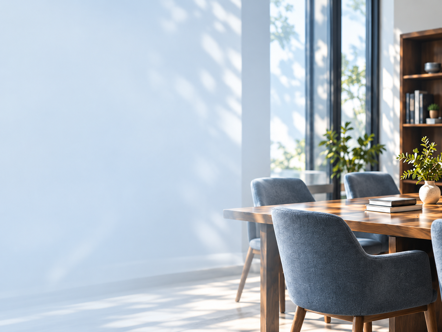 Bright modern dining room with a wooden table, blue upholstered chairs, potted plants, bookshelves, and large sunlit windows