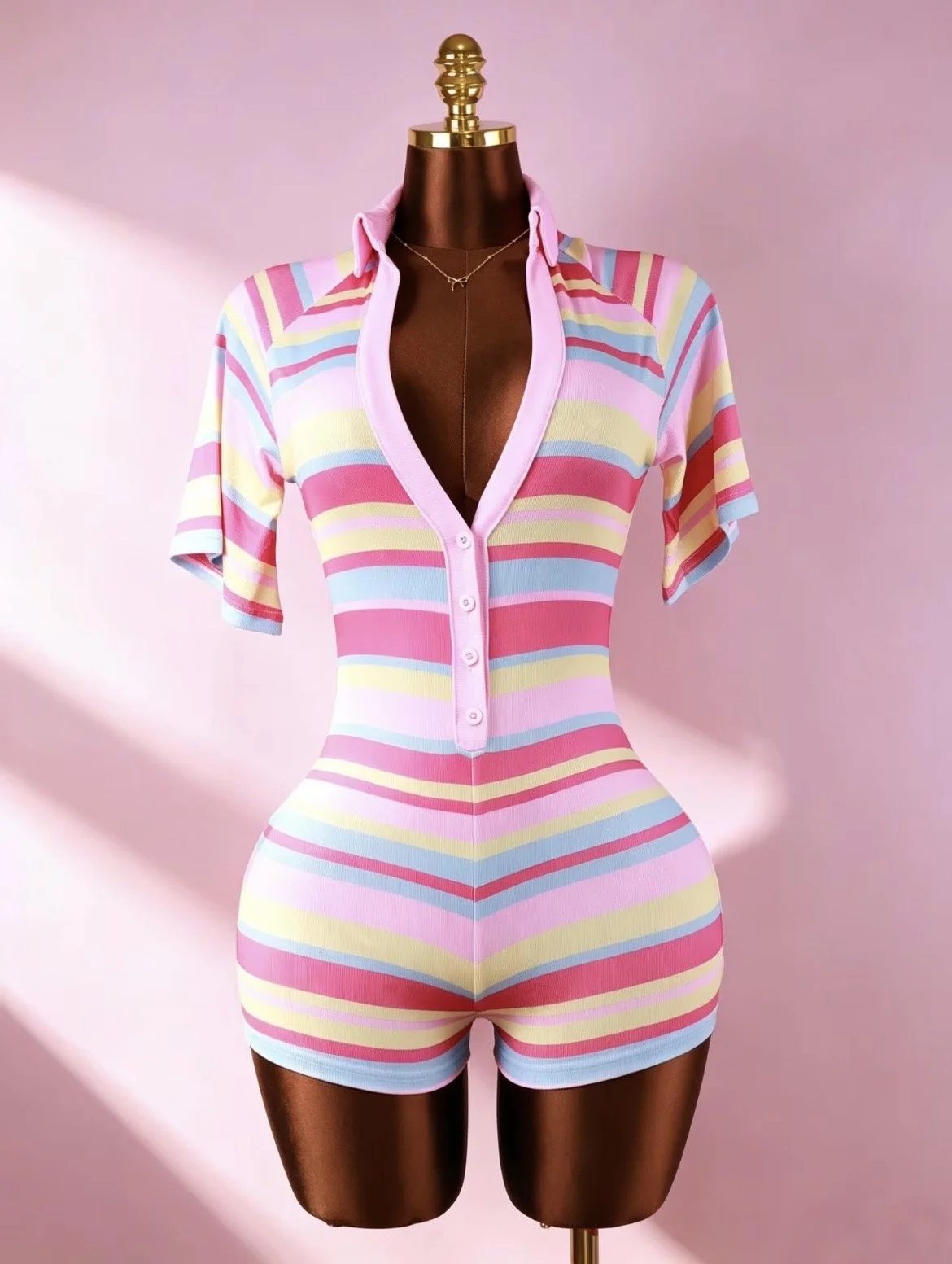 Striped Printed Deep V-neck Short sleeved Slim Fit Jumpsuit