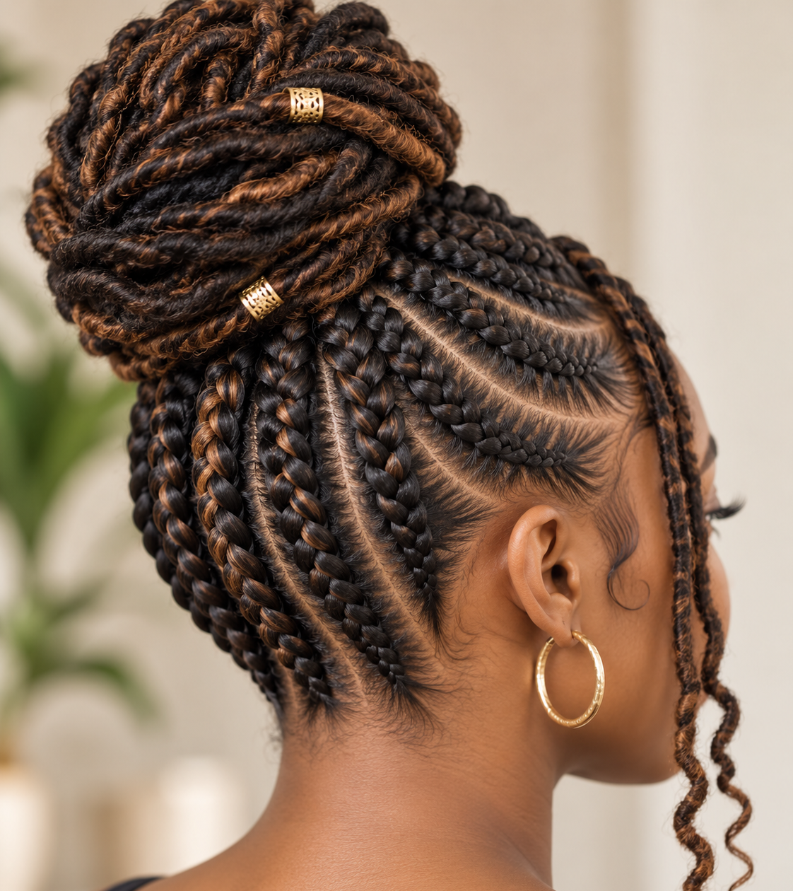 A woman with styled braids and twists, adorned with gold beads, wearing gold hoop earrings.