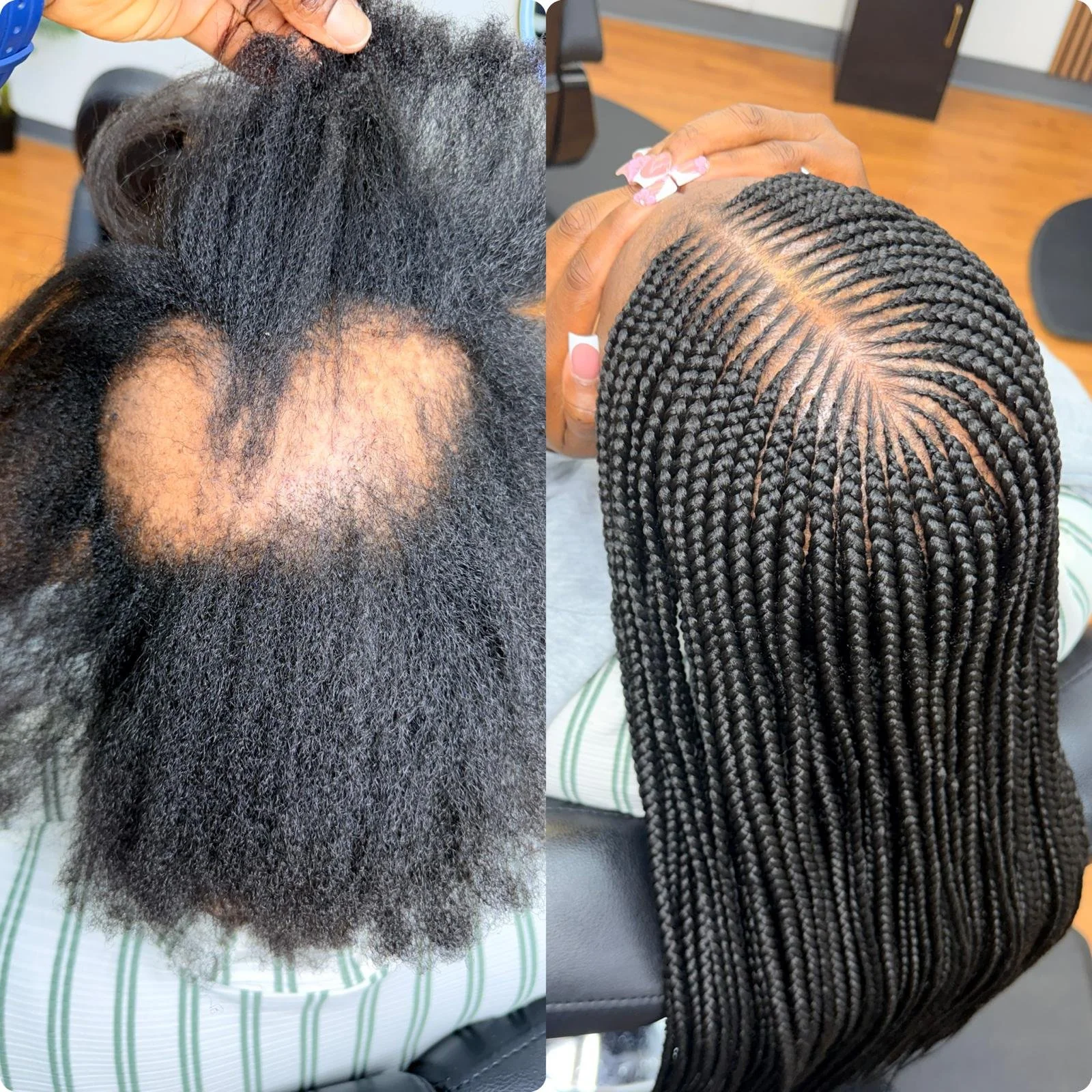 Before and after images of a person's hair, showing a transition from natural afro-textured hair to styled microbraids.