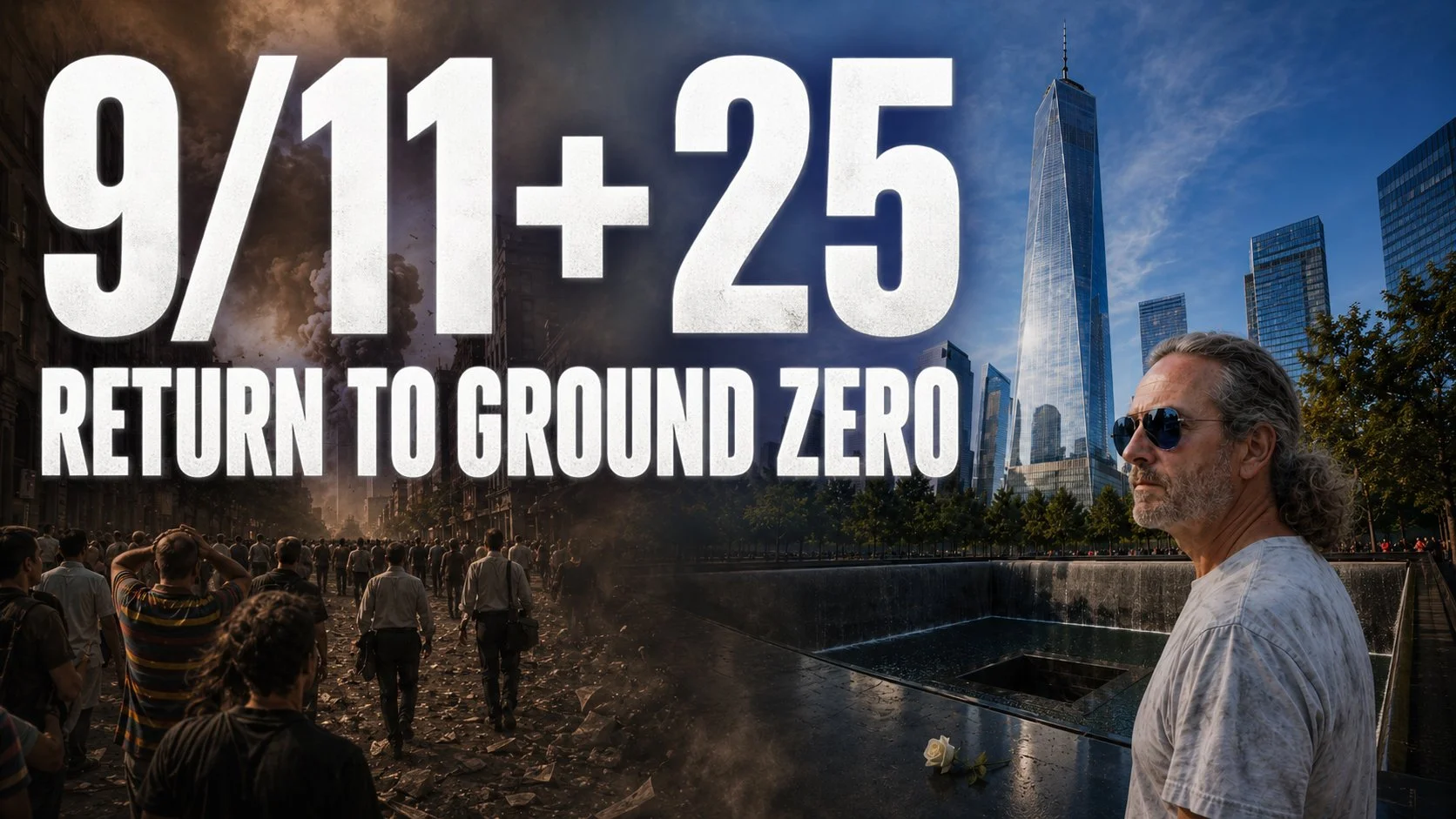 A digitally edited photo showing the World Trade Center in New York City with a crowd of people and smoke on the left side, and a man with gray hair, sunglasses, and a white shirt on the right side. Large text over the image reads "9/11 + 25 RETURN TO GROUND ZERO."