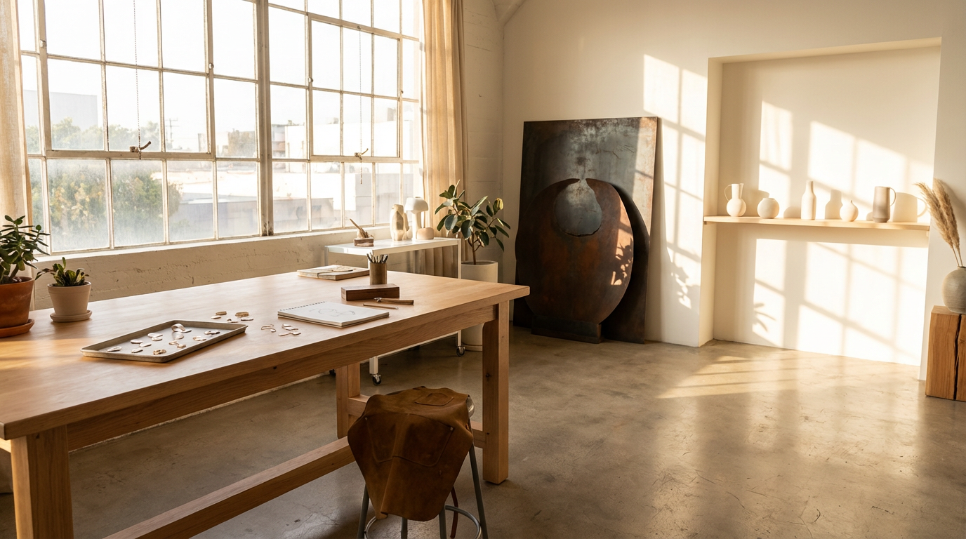 Bright, minimalist art studio with sunlight streaming through large window, wooden table with jewelry-making supplies, potted plants, large abstract artwork, and shelves displaying white ceramic vases and art pieces.