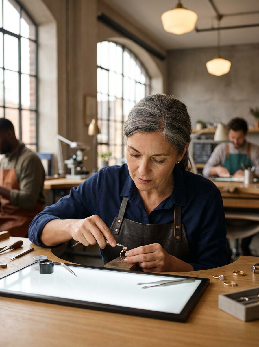 Woman with gray hair working on jewelry at a craft workshop, with other people in the background in a bright, industrial-style studio.
